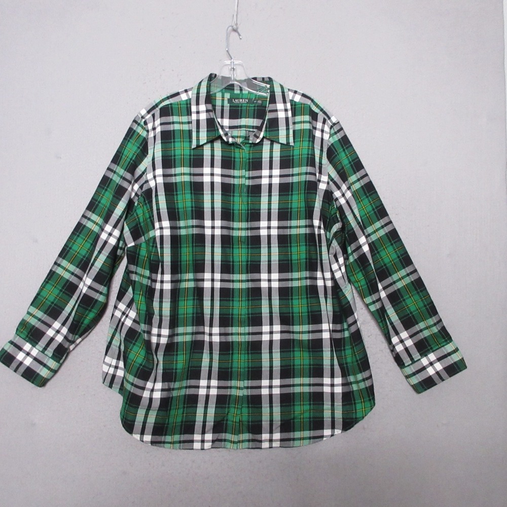 Lauren Ralph Lauren‎ Top  2X Green Plaid Tartan Button Holiday Preppy Academic